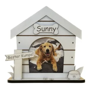 Bilderrahmen Hund weiß_500 Miniatur-Hundehütte als Bilderrahmen für Hundefotos in der Farbe weiß mit personalisiertem Namensschild