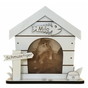 Bilderrahmen Katze weiß 450 Bilderrahmen für Katzenfotos in Form eines Miniatur-Hauses in der Farbe natur mit Namensschild
