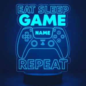Eat sleep_blau LED‑Lampe Gamer in Blau, personalisiert mit Name – eat sleep game repeat – Nachtlicht