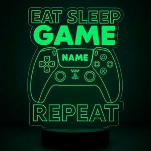 Personalisierte LED‑Lampe Gamer in Grün – eat sleep game repeat – Nachtlicht mit Name
