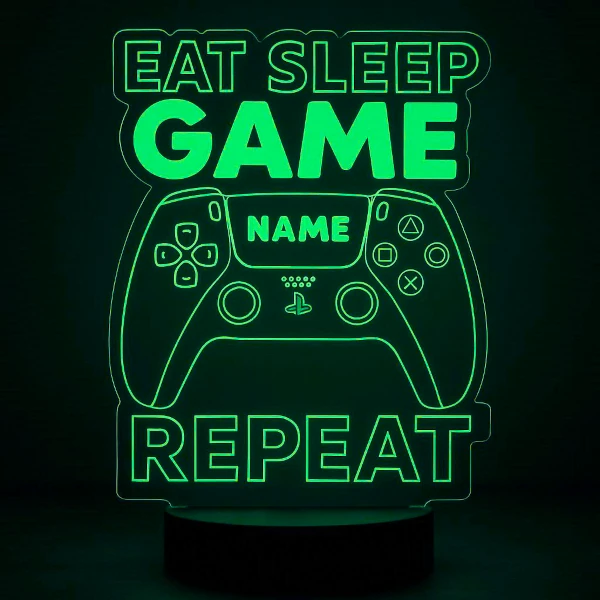 Personalisierte LED‑Lampe Gamer in Grün – eat sleep game repeat – Nachtlicht mit Name