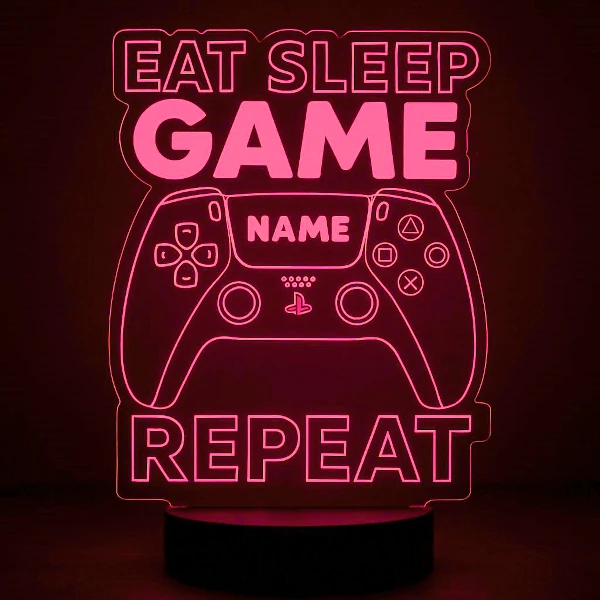 Gamer‑LED‑Lampe in Rot, personalisiert – Nachtlicht mit dem Motto eat sleep game repeat