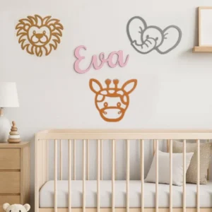 3er-Set Tierdekoration an der Wand im Kinderzimmer mit Schriftzug Eva in Rosa