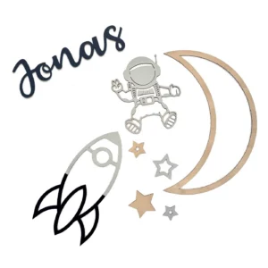 Weltalldekoration an der Wand mit Schriftzug Jonas in der Farbe darkbluesky