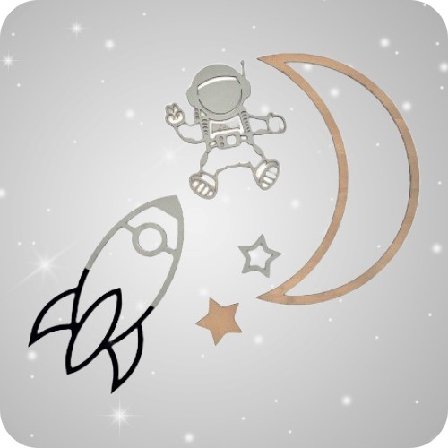 Wanddekoration Kinderzimmer Weltall Astronaut mit Sternen, Mond und Rakete vor Sternenwand