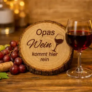 Holzuntersetzer Wein mit graviertem Namen auf Holztisch mit Trauben und Weinglas
