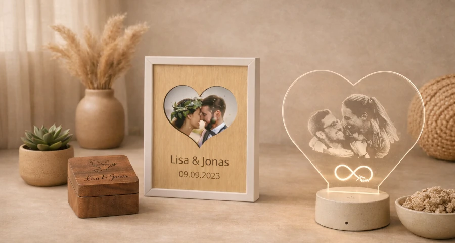 Hero‑Bild mit personalisierten Holzprodukten – Bilderrahmen Lisa & Jonas, Ringbox mit Tauben‑Gravur und LED‑Herzlampe Forever