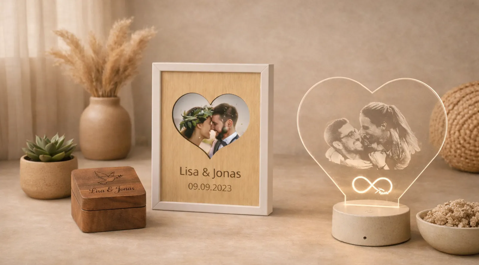 personalisierte Hochzeitsprodukte – Bilderrahmen Lisa & Jonas, Ringbox mit Tauben‑Gravur und LED‑Herzlampe Forever