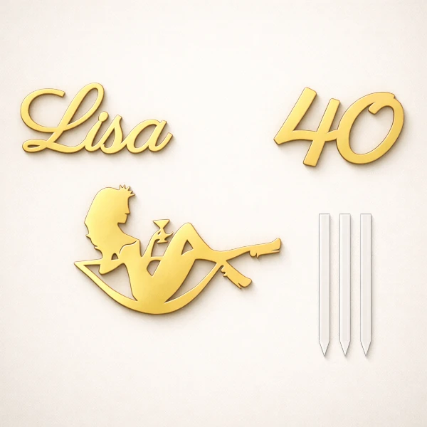 Goldener Cake Topper aus Acryl mit Champagnerglas‑Motiv