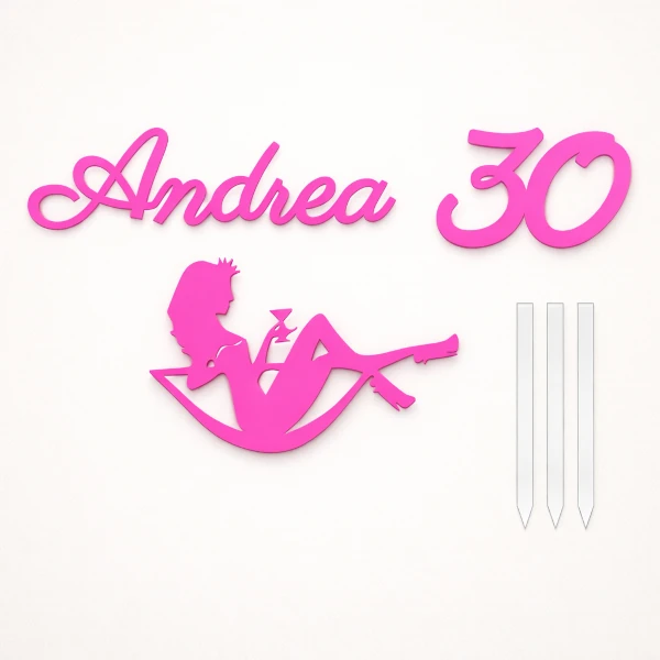 Cake Topper Acryl mit Name, Jahreszahl und Champagnerglas – Pink
